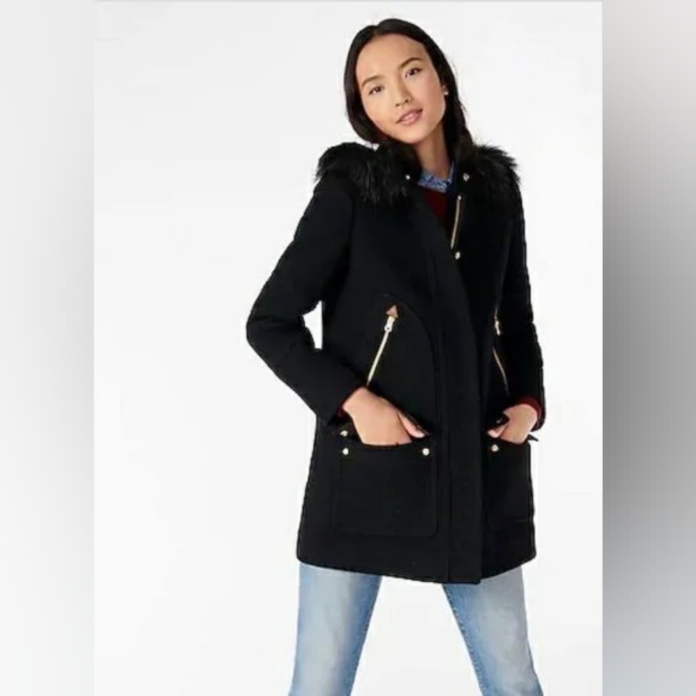 J.Crew Petite Chateau Parka in Black Italian stadium-cloth. 12P